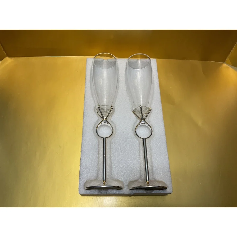 Godinger Silver Diamonds Champagne Flutes Set of 2 Silver Plated Ring Stem 6706